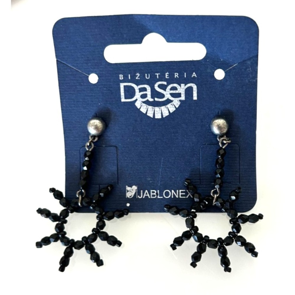 New Vintage Jablonex Czech Glass Seed Bead Starburst Earrings DaSen Carded Black